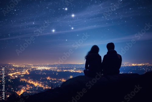 Two individuals sitting side by side on a hill, gazing upward at the twinkling stars above them, Silhouette of a couple sitting on a pier watching the sun setting on the horizon, AI Generated