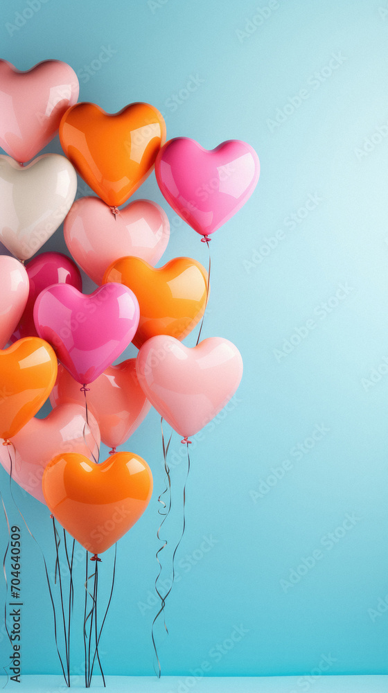 Valentine's day background with heart-shaped balloons on blue background.