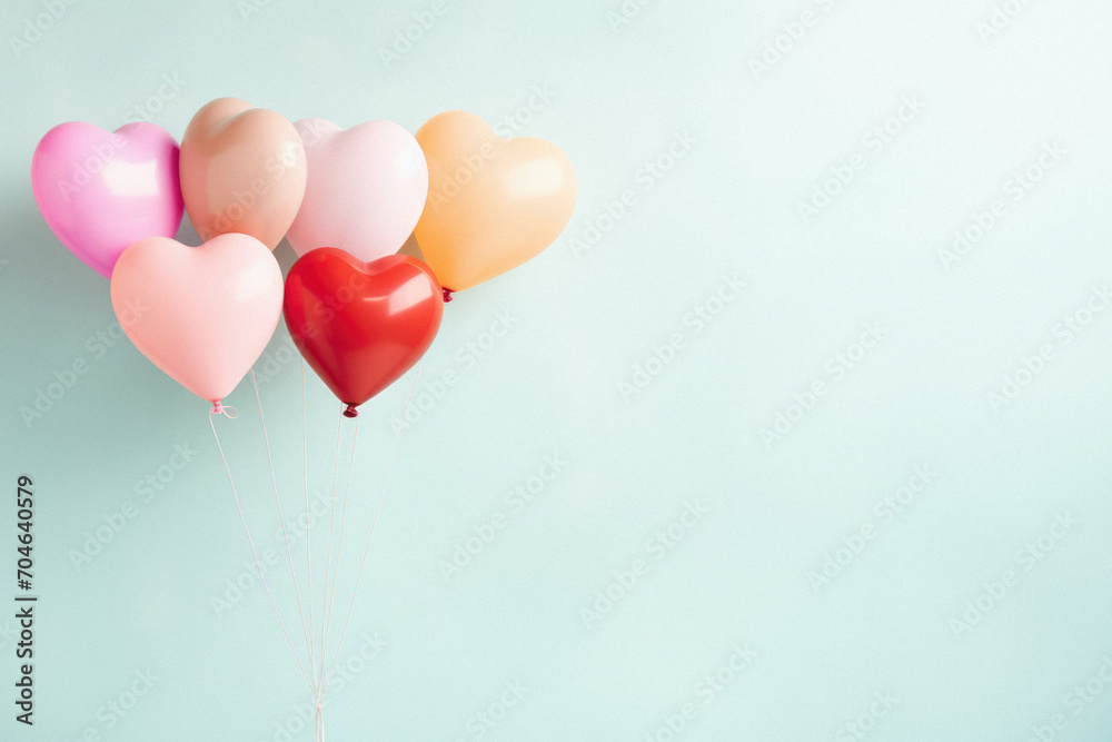 Valentine's day background with heart shaped balloons on blue background.
