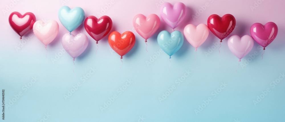 Valentine's day background. Colorful heart shaped balloons on pastel blue background. Copy space.