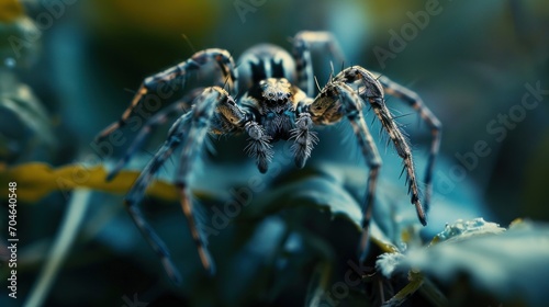 a close up of a spider on a plant with water droplets on it's back legs and back legs.