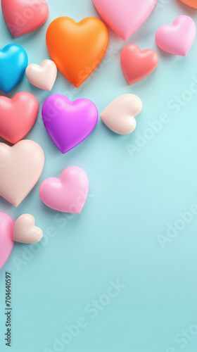 Valentine's Day background with colorful hearts on blue background.
