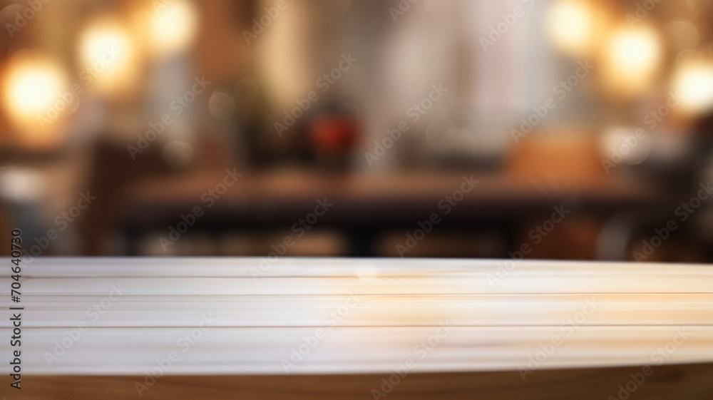 Empty wooden table to display products, front of blurred restaurant background, beautiful store packshot Empty wooden table to display products, front of blurred restaurant background, beautiful store packshot