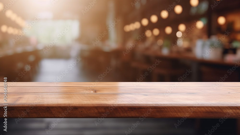 Empty wooden table to display products, front of blurred store background, beautiful design packshot Empty wooden table to display products, front of blurred store background, beautiful design packshot