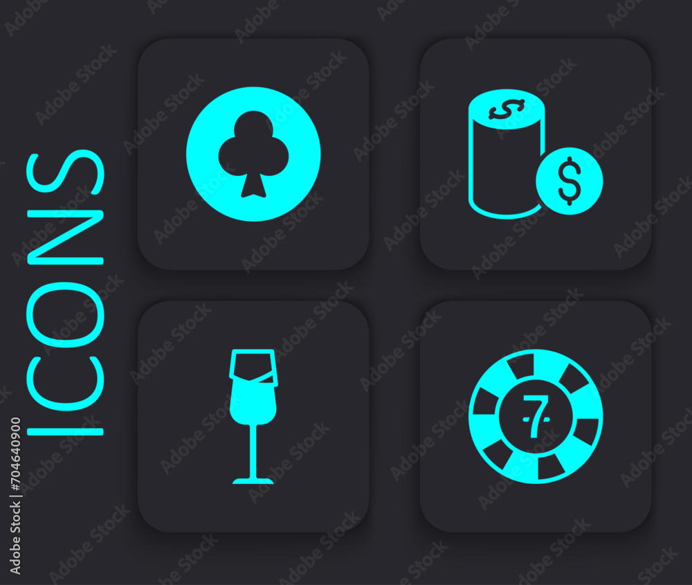 Set Casino chips, Playing card with clubs symbol, dollar and Wine glass icon. Black square button. Vector Set Casino chips, Playing card with clubs symbol, dollar and Wine glass icon. Black square button. Vector
