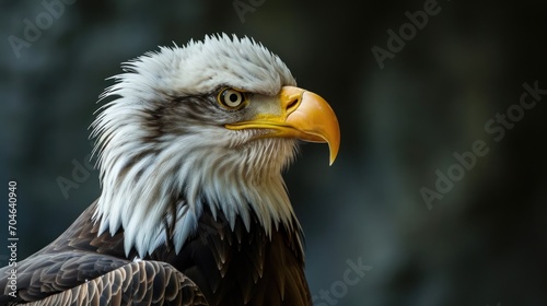  a close - up of a bald eagle s head with a blurry background of trees in the background.