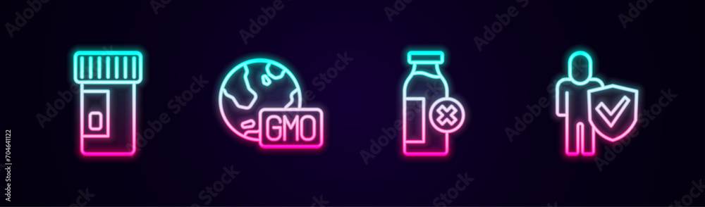 Set line Vitamins, GMO, Lactose intolerance and Healthy lifestyle. Glowing neon icon. Vector Set line Vitamins, GMO, Lactose intolerance and Healthy lifestyle. Glowing neon icon. Vector