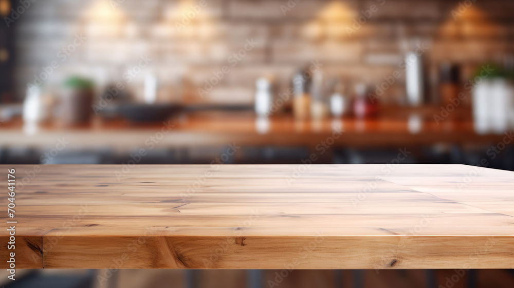 Empty wooden table with blurry home background, kitchen, cosy home display, backdrop, product display template, business and product presentation, rustic wood table