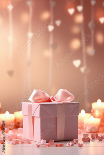 Gift box with pink bow and candles on bokeh background.