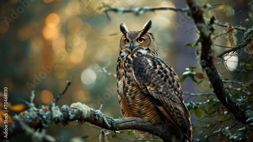  an owl is sitting on a branch in a tree looking at the camera with a serious look on its face.