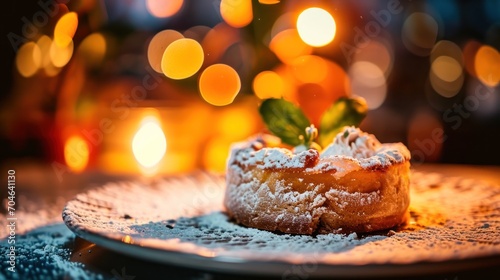  a close up of a plate of food with powdered sugar and a candle in the background with lights in the background.