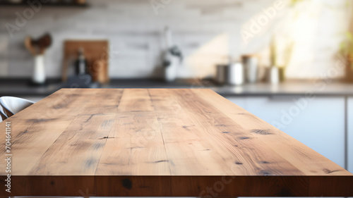 Empty wooden table with blurry home background  kitchen  cosy home display  backdrop  product display template  business and product presentation  rustic wood table