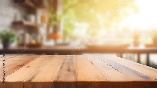 Empty wooden table with blurry home background, kitchen, cosy home display, backdrop, product display template, business and product presentation, rustic wood table © GrafitiRex
