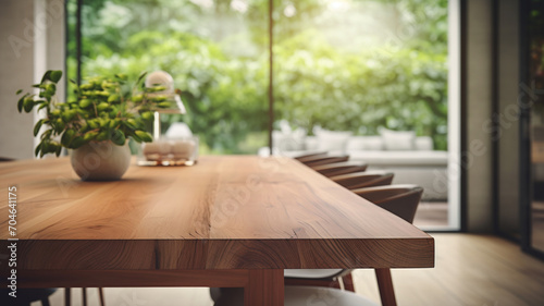 Empty wooden table with blurry home background, kitchen, cosy home display, backdrop, product display template, business and product presentation, rustic wood table