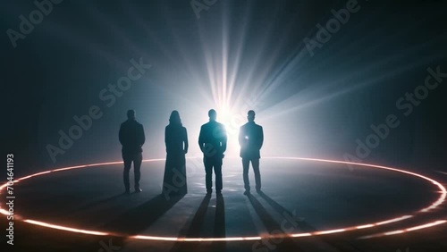 Silhouettes of selected standing rich individuals team within a glowing red circle, with a bright halo in the background. Powerful families directing the world and wielding influence in the shadows photo