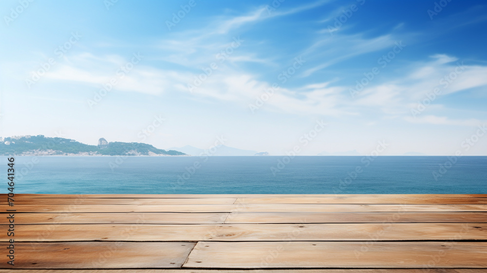 Fototapeta premium Empty wooden table to display products, front of blurred beach background, beautiful design packshot showcase