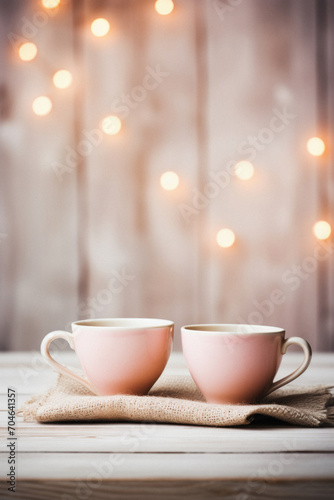 Two cups of coffee on a wooden background with bokeh lights