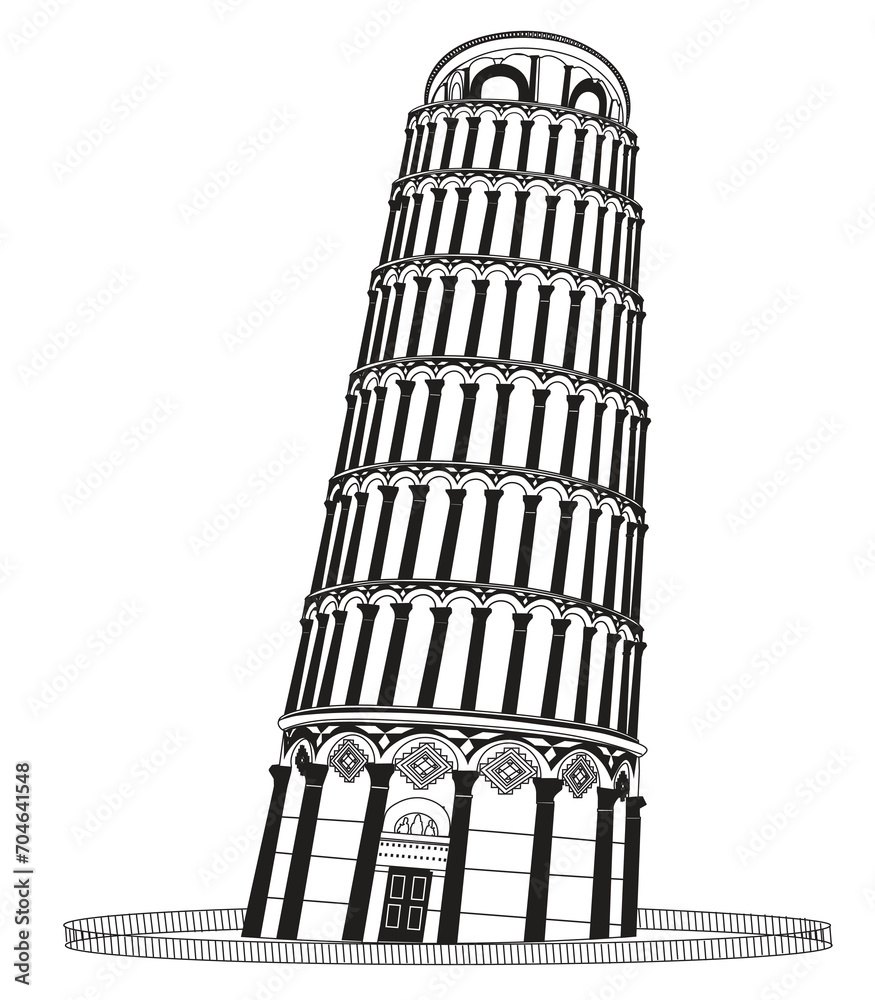 The Leaning Tower of Pisa Italy Black and white Detailed Vector