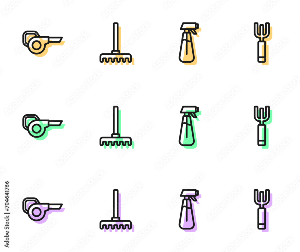 Set line Garden sprayer for water, Leaf garden blower, rake and pitchfork icon. Vector