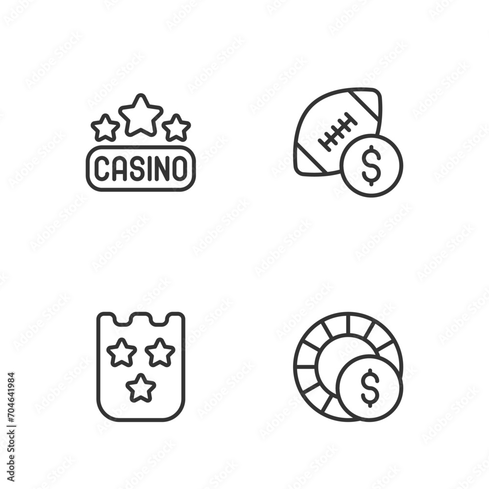 Set line Casino chips, Lottery ticket, signboard and American football betting money icon. Vector