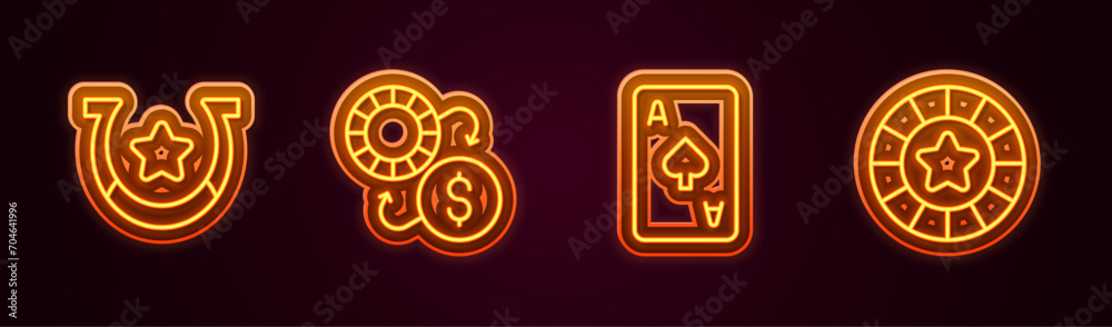 Set line Horseshoe, Casino chips exchange, Playing card with spades symbol and . Glowing neon icon. Vector Set line Horseshoe, Casino chips exchange, Playing card with spades symbol and . Glowing neon icon. Vector