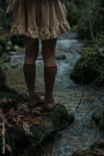 A young girls legs with earthy color skirt and long socks standing next to a stream in nature. Retro spring background. 