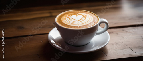 Coffee cup with heart shape on wood table in coffee shop.