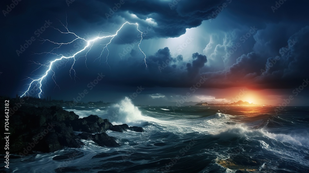 A powerful thunderstorm with striking lightning over the ocean against the backdrop of a stunning sunset.
