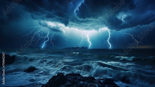 Majestic lightning bolts illuminate dark storm clouds above a churning ocean at night, showcasing nature's fury. 