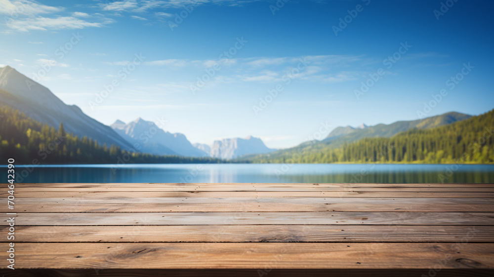 Empty wooden table with blurred nature background, forest and lake landscape, fjord, backdrop, product display template, business and product presentation, rustic wood table