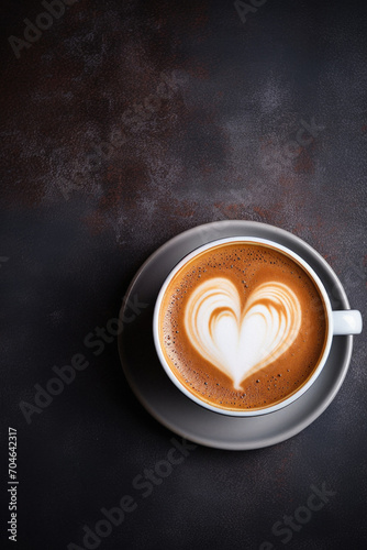 Cup of cappuccino with heart shape on dark background.