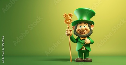 Irish traditional leprechaun character. St Patrick's day, 3D, St Patrick Shiny green hat is holding a staff is holding a staff on a soft green background,