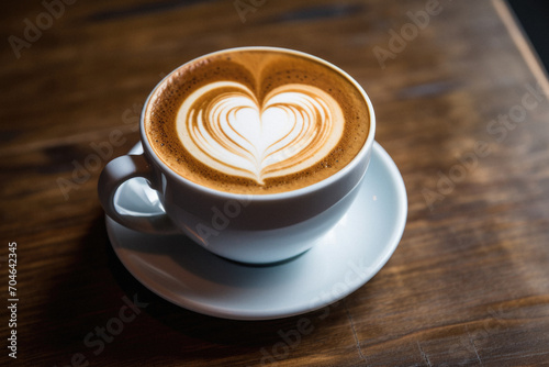 Latte art coffee in white cup on wooden table.