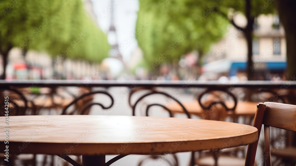 Outdoor table at a coffee in Paris, with Eiffel tour on background, empty wooden table for packshot and studio, street food, eating outside at a restaurant