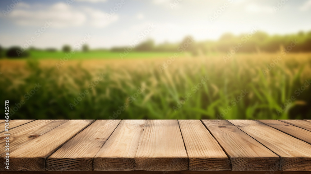 Empty wooden table to display products, front of blurred grass field background, beautiful nature packshot Empty wooden table to display products, front of blurred grass field background, beautiful nature packshot