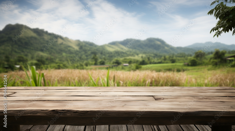Empty wooden table to display products, front of blurred grass field background, beautiful nature packshot Empty wooden table to display products, front of blurred grass field background, beautiful nature packshot
