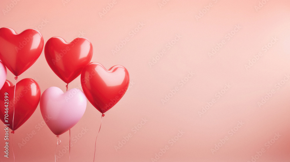 Valentine's day background with red and pink heart-shaped balloons.