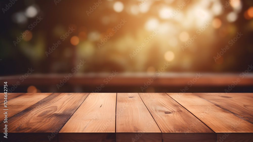 Empty wooden table with a blurry bokeh background, studio table for product design, background, table support Empty wooden table with a blurry bokeh background, studio table for product design, background, table support
