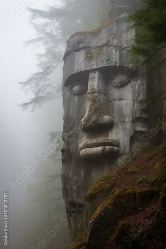 Stone face sculpture in the forest