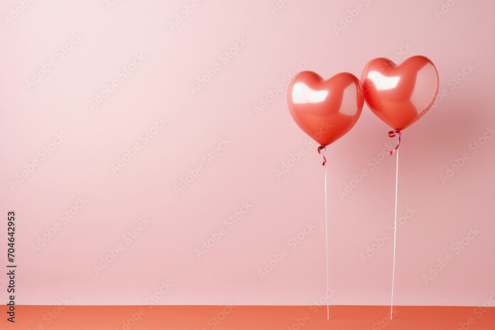 Two red heart shaped balloons on a pink background.