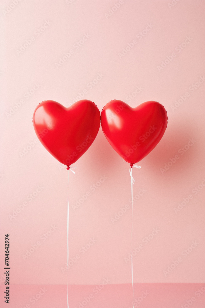 Two red heart shaped balloons on pink background. Valentines day concept.