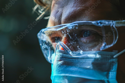 Close-Up of Doctor Man Indoors Wearing Face-Mask and Glasses. Health Concept