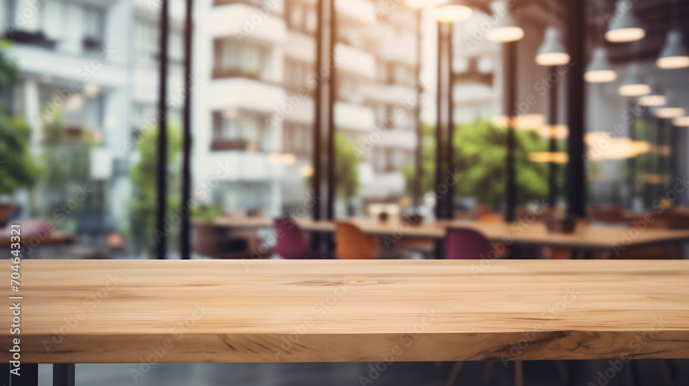 An empty desk table with business office background, modern office table mock up, green office surrounded by high-rise buildings An empty desk table with business office background, modern office table mock up, green office surrounded by high-rise buildings