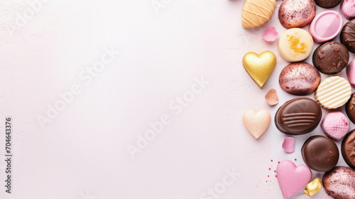 Valentine's day background with chocolates and hearts on white.