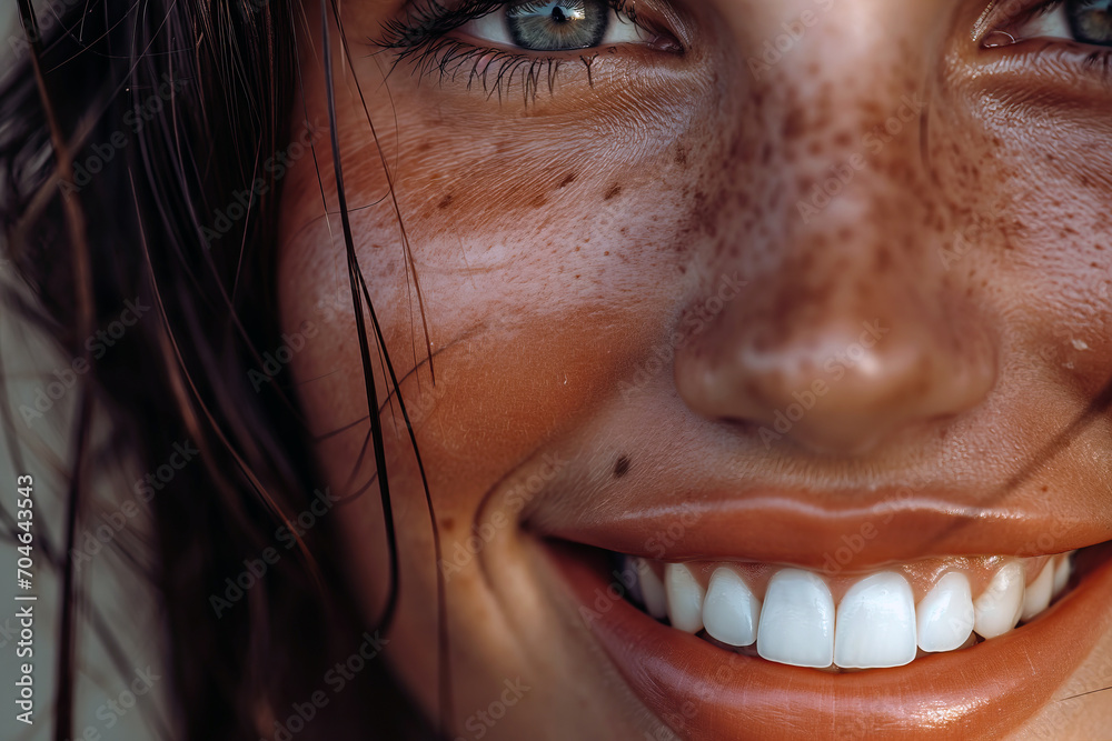 Close-Up of Woman With Freckles on Face, Natural and Radiant Beauty Close-Up of Woman With Freckles on Face, Natural and Radiant Beauty