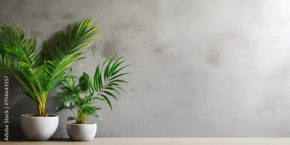 Minimalistic interior decor with tropical plants on a plain cement backdrop, conveying the idea of a pollution-free home.