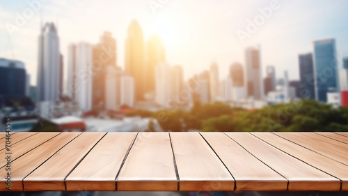 Empty table in front of a skyscraper background  big city with tall buildings  backdrop studio for product design  technology and modern urban design