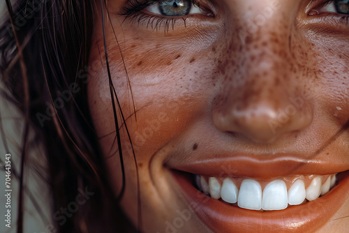 Close-Up of Woman With Freckles on Face, Natural and Radiant Beauty