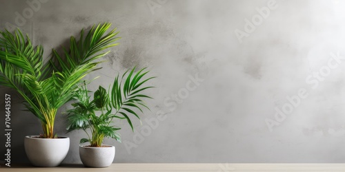 Minimalistic interior decor with tropical plants on a plain cement backdrop  conveying the idea of a pollution-free home.