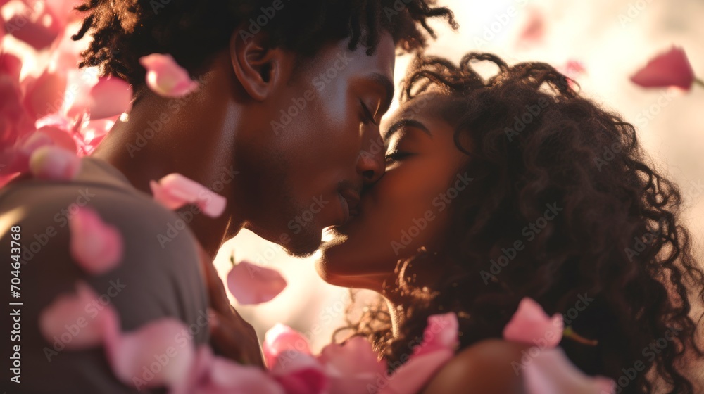 African American Couple in a tender embrace surrounded by falling pink rose petals. Romantic moment. Ideal as postcard for Valentines Day, wedding, love story themes. Concept of passion and tenderness